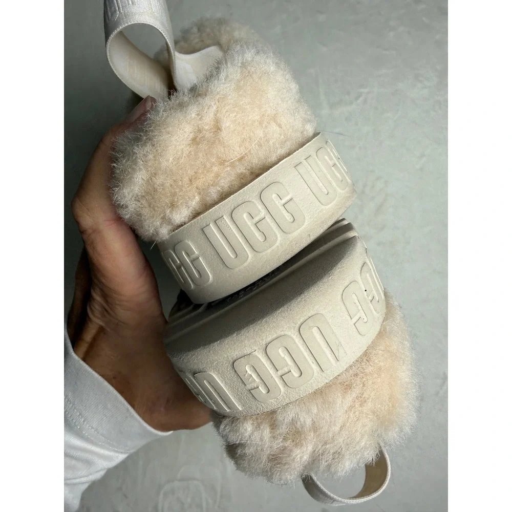 UGG Fluffita Cream Sheepskin Platform Slingback Slides Sandals Womens 7